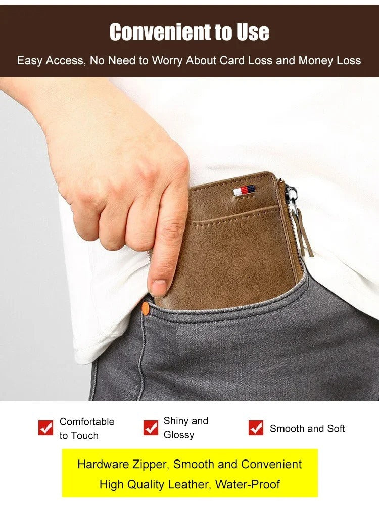 Fashion Men's Genuine Leather Wallet Business Card Holder Man Money Bag Purse Zipper Wallet PU Rfid Anti Theft Male for Men