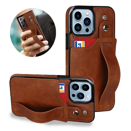 [FREE SHIPPING] BUSINESS CARD SLOT ADJUSTABLE WRIST STRAP CREDIT CARD SLOT SLIM SHOCKPROOF LEATHER CASE FOR IPHONE 13 PRO MAX