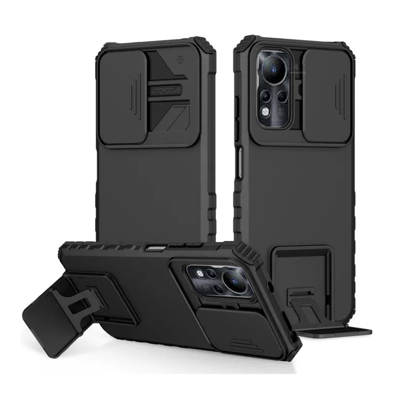 [ FREE SHIPPING] For Note 11/Note 12 G88 Phone Case Hard Sliding Lens Protect Kickstand Back Cover - Black