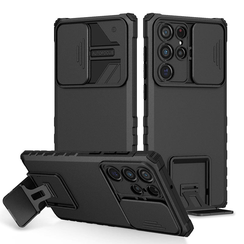 [ FREE SHIPPING] FOR SAMSUNG S23 ULTRA PHONE CASE HARD SLIDING LENS PROTECT KICKSTAND BACK COVER - BLACK