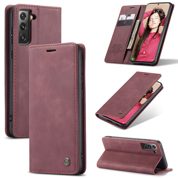 [FREE SHIPPING] CaseMe Retro Leather Case For Samsung S21 FE Book Style Flip Wallet Magnetic Cover Card Slots Case For Samsung S21 FE - Brown