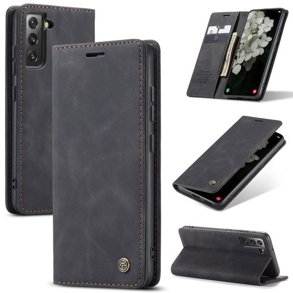 [FREE SHIPPING] CaseMe Retro Leather Case For Samsung S22 Book Style Flip Wallet Magnetic Cover Card Slots Case For Samsung S22  - Brown