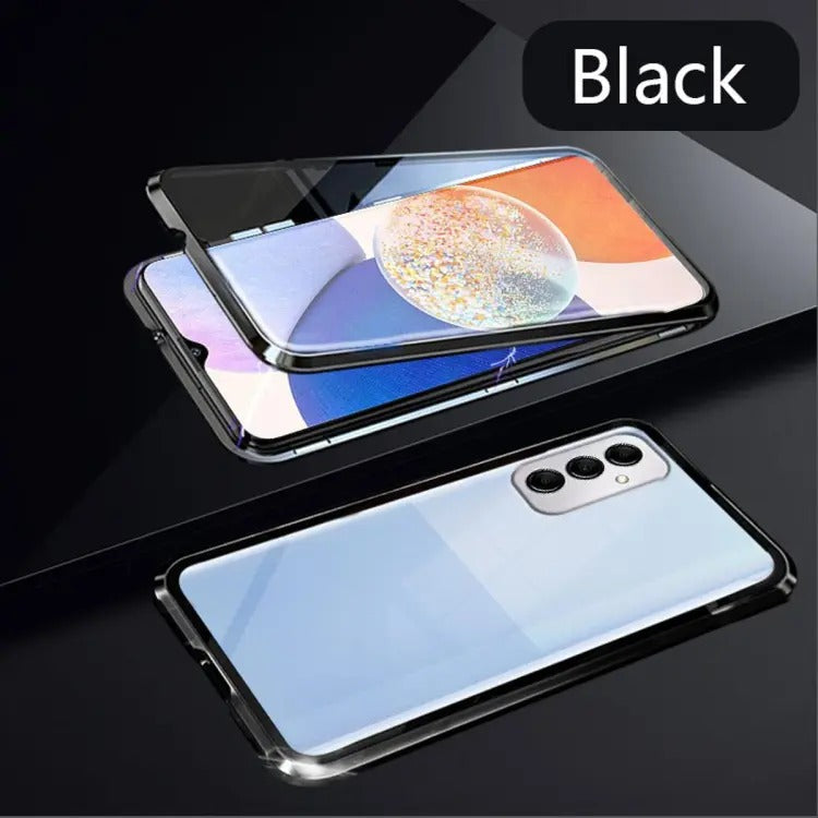 [ FREE SHIPPING] LUXURY SAMSUNG GALAXY A34 FRONT & BACK TEMPERED GLASS MAGNETIC CASE METAL PHONE COVER - BLACK