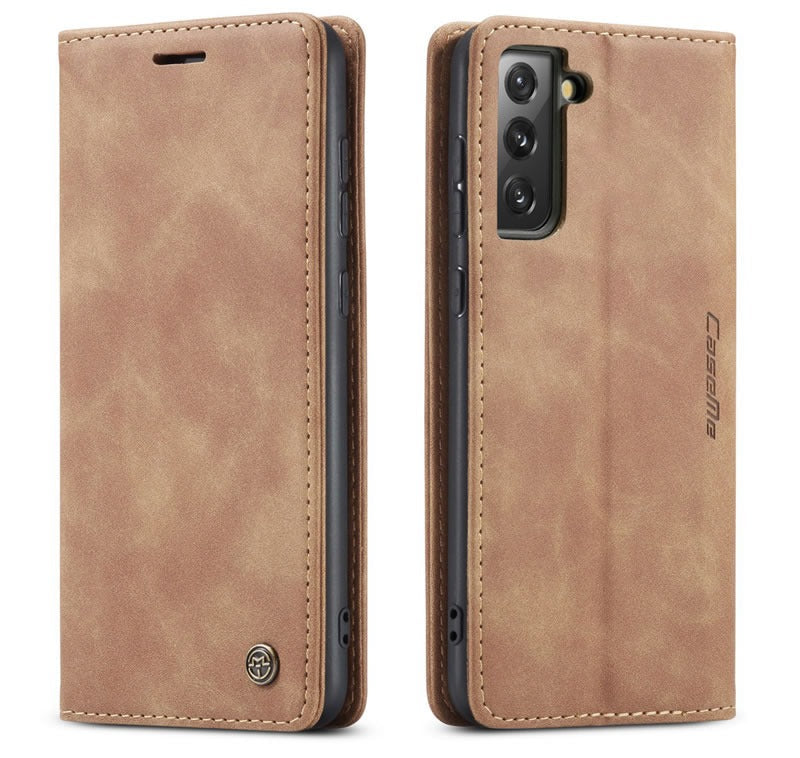 [FREE SHIPPING] CaseMe Retro Leather Case For Samsung S21 FE Book Style Flip Wallet Magnetic Cover Card Slots Case For Samsung S21 FE - Brown
