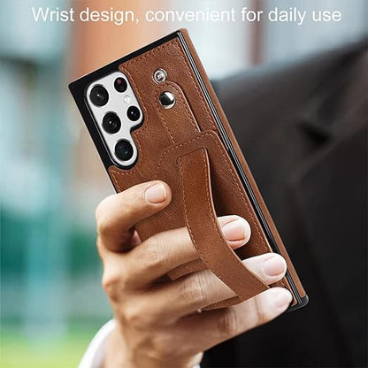 [FREE SHIPPING] BUSINESS CARD SLOT ADJUSTABLE WRIST STRAP CREDIT CARD SLOT SLIM SHOCKPROOF LEATHER CASE FOR SAMSUNG S24 ULTRA