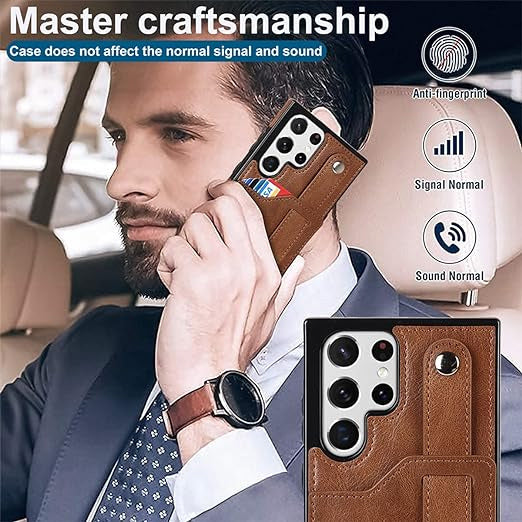 [FREE SHIPPING] BUSINESS CARD SLOT ADJUSTABLE WRIST STRAP CREDIT CARD SLOT SLIM SHOCKPROOF LEATHER CASE FOR SAMSUNG S24 ULTRA