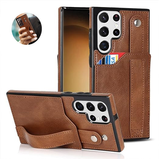 [FREE SHIPPING] BUSINESS CARD SLOT ADJUSTABLE WRIST STRAP CREDIT CARD SLOT SLIM SHOCKPROOF LEATHER CASE FOR SAMSUNG S24 ULTRA