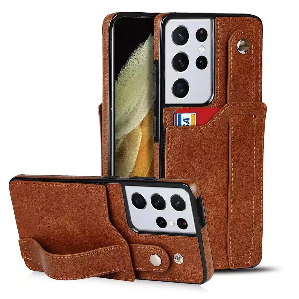 [FREE SHIPPING] BUSINESS CARD SLOT ADJUSTABLE WRIST STRAP CREDIT CARD SLOT SLIM SHOCKPROOF LEATHER CASE FOR SAMSUNG S25 ULTRA